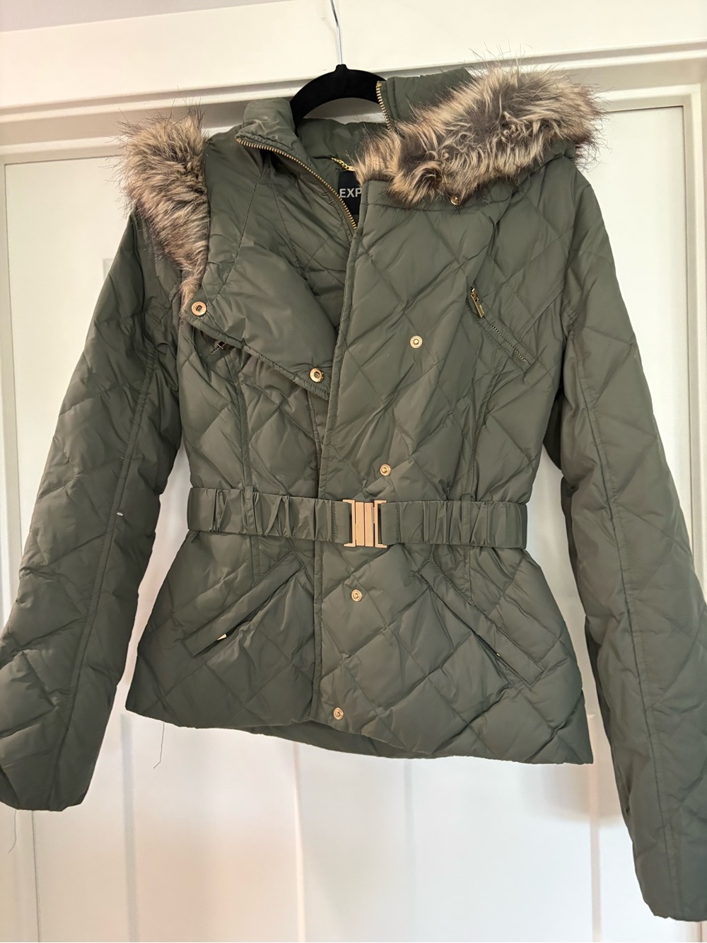 Express Olive Quilted Belted Jacket with Faux-Fur Hood Trim